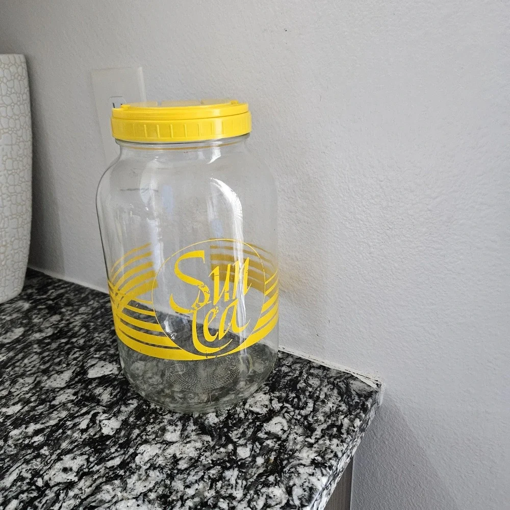 vintage sun tea‎ jar glass gallon iced tea bright yellow with lid
